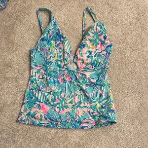 Lilly Pulitzer Floral Print V-Neck Tankini top in Aqua and Pink